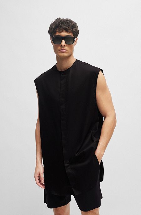 Sleeveless regular-fit shirt in easy-iron cotton poplin, Black