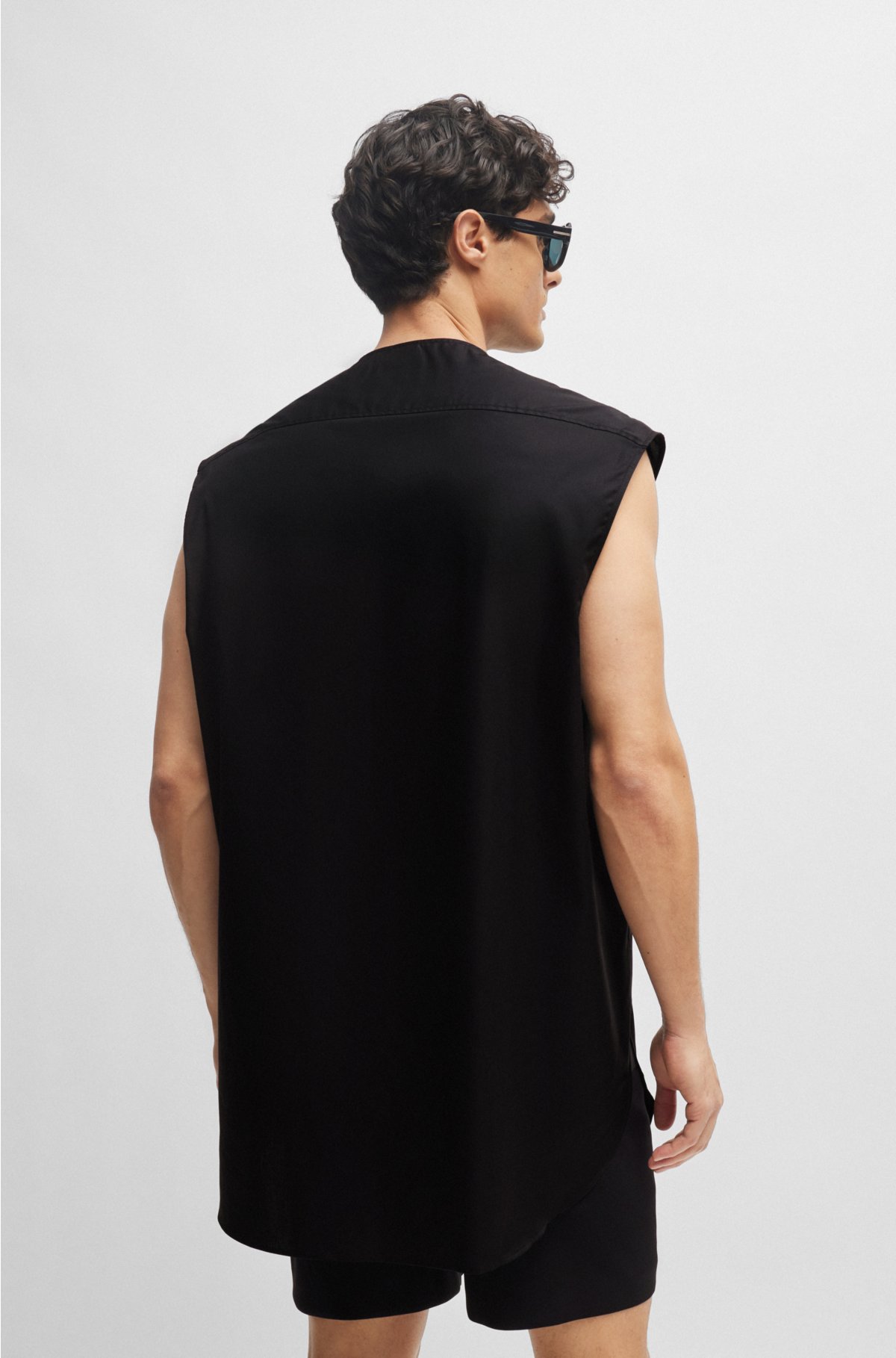 Sleeveless regular-fit shirt in easy-iron cotton poplin, Black