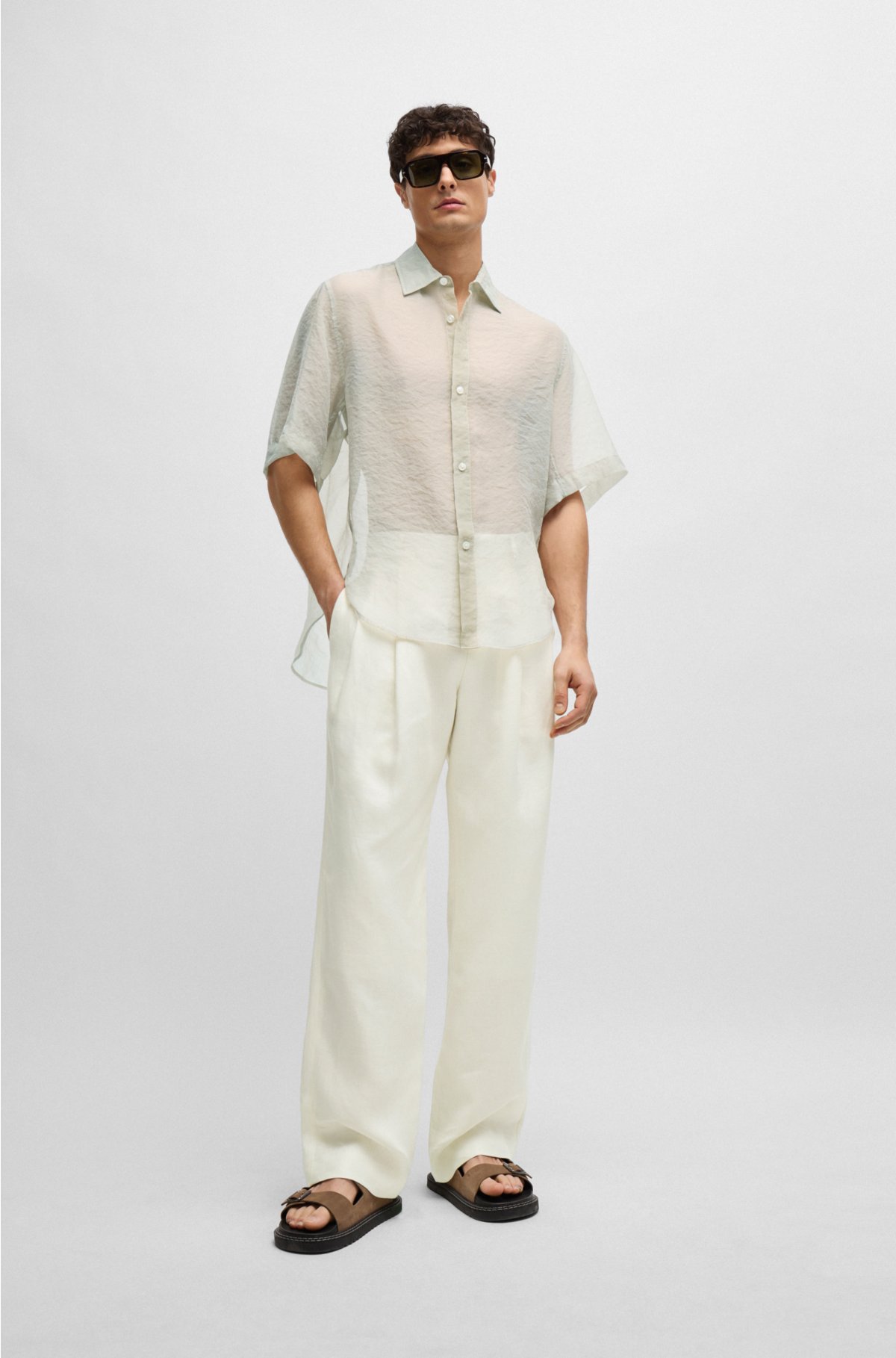 Regular-fit shirt in soft organza with Kent collar, Light Beige