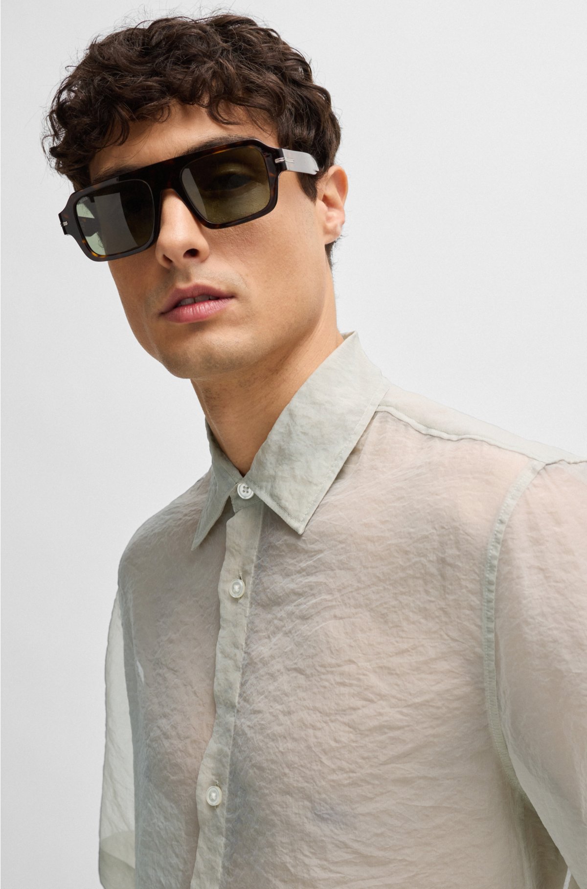 Regular-fit shirt in soft organza with Kent collar, Light Beige