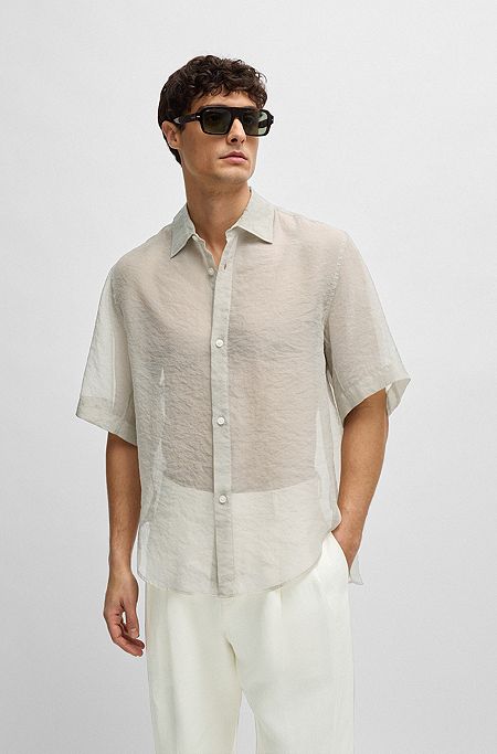 Regular-Fit Hemd aus softem Organza mit Kentkragen, Hellbeige