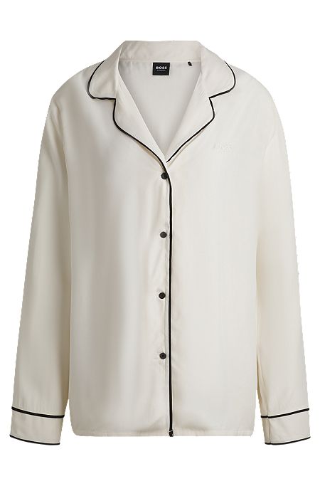 Pyjama shirt with contrast piping and embroidered logo, White