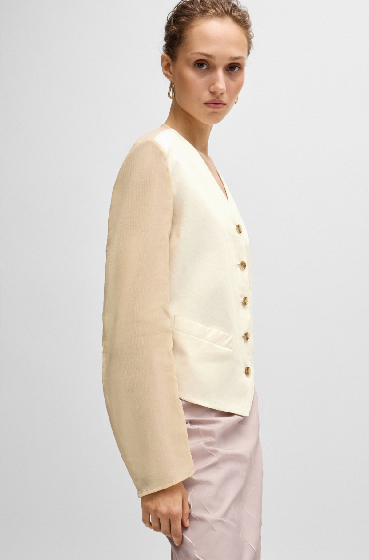 Mixed-material button-up jacket with cotton sleeves, Light Yellow