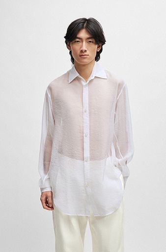 Camicia regular fit in morbida organza con colletto stile Kent, Bianco