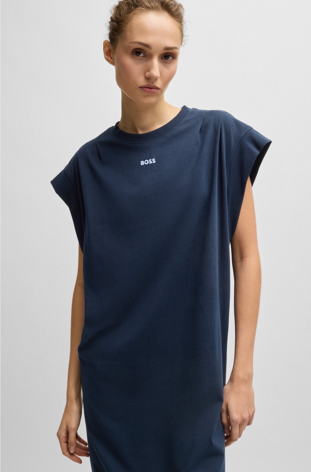 Cotton-jersey T-shirt dress with puff logo, Dark Blue