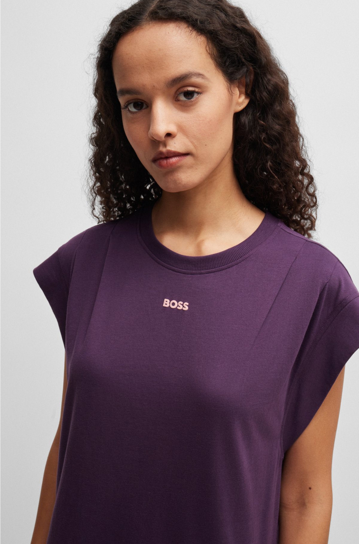 Cotton-jersey T-shirt dress with puff logo, Dark Purple