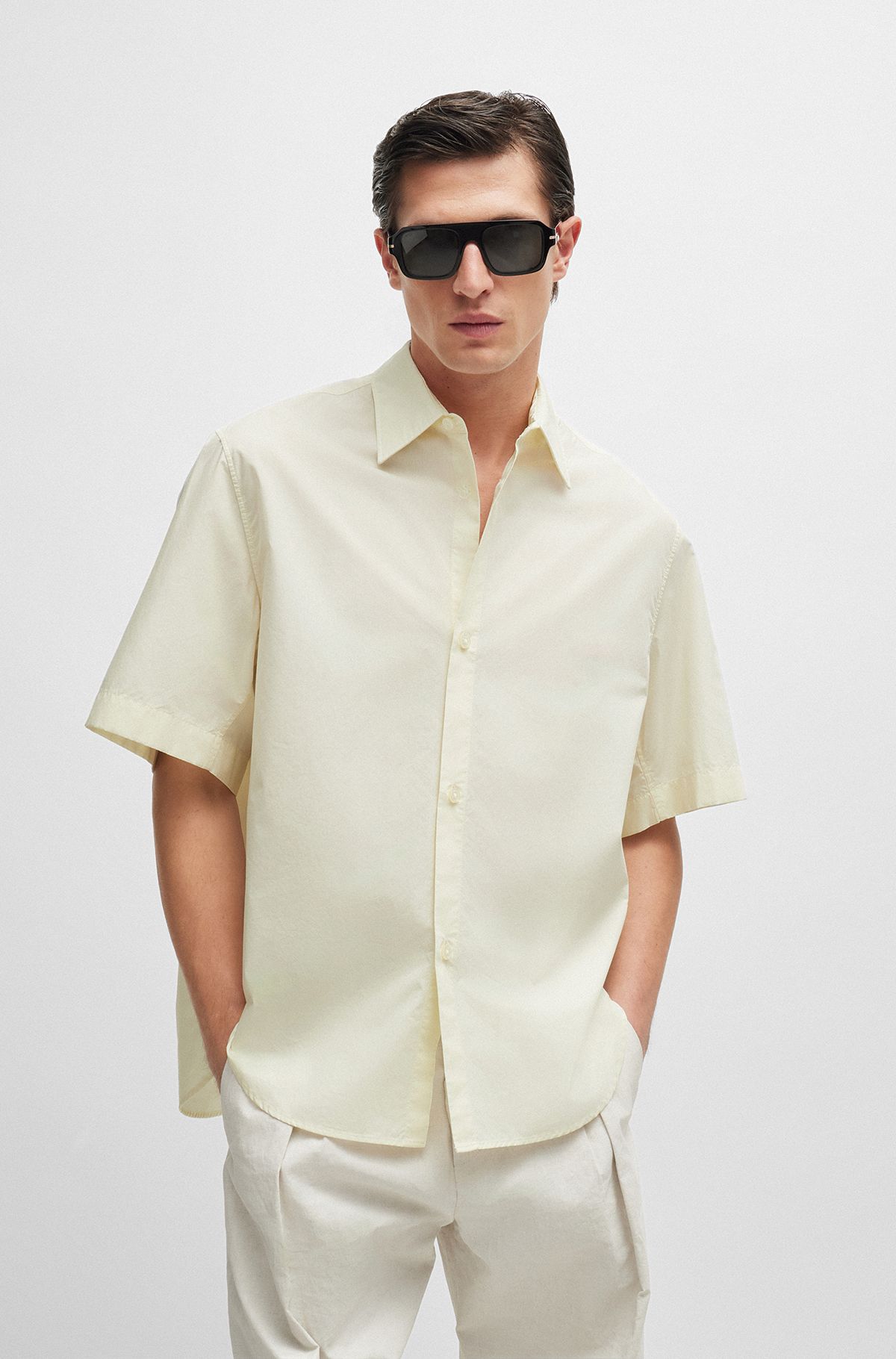 Regular-fit shirt in paper-touch cotton poplin, Light Yellow