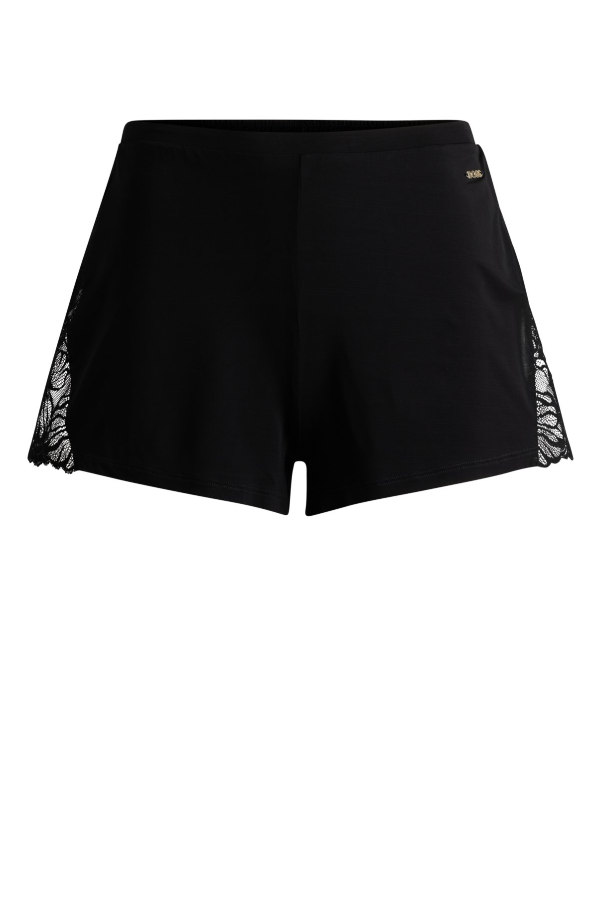 Pyjama shorts in stretch fabric with lace trims, Black