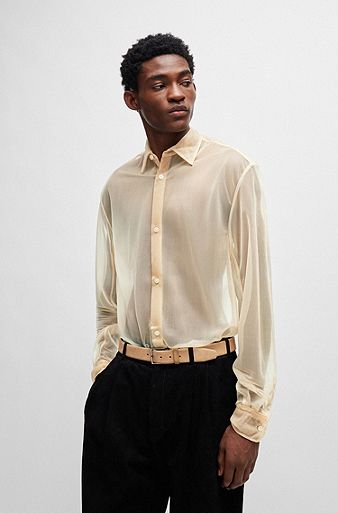 Regular-Fit Hemd aus transparentem Jersey mit Kentkragen, Hellbeige