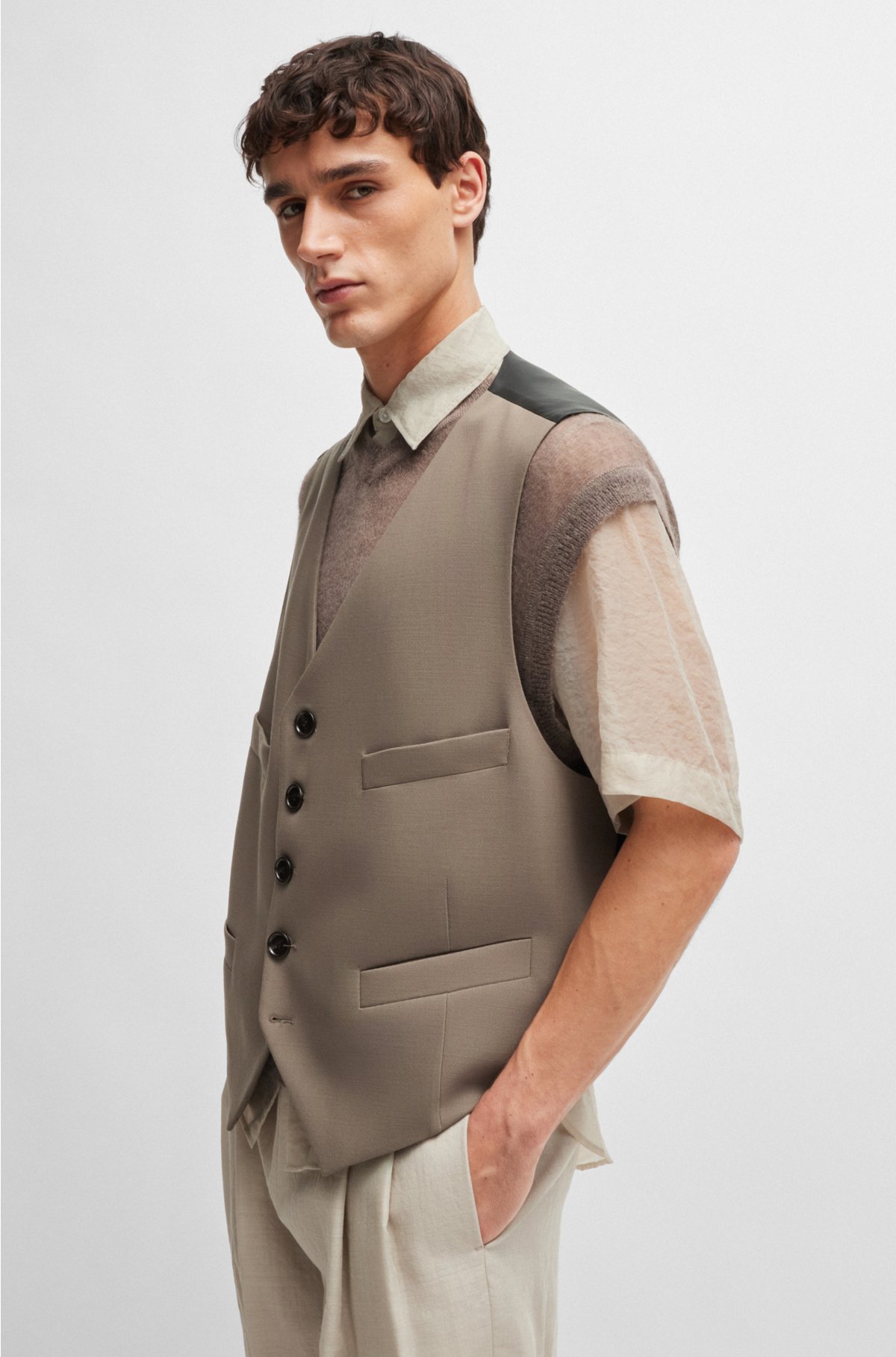 Five-button waistcoat in stretch wool and adjustable strap, Beige