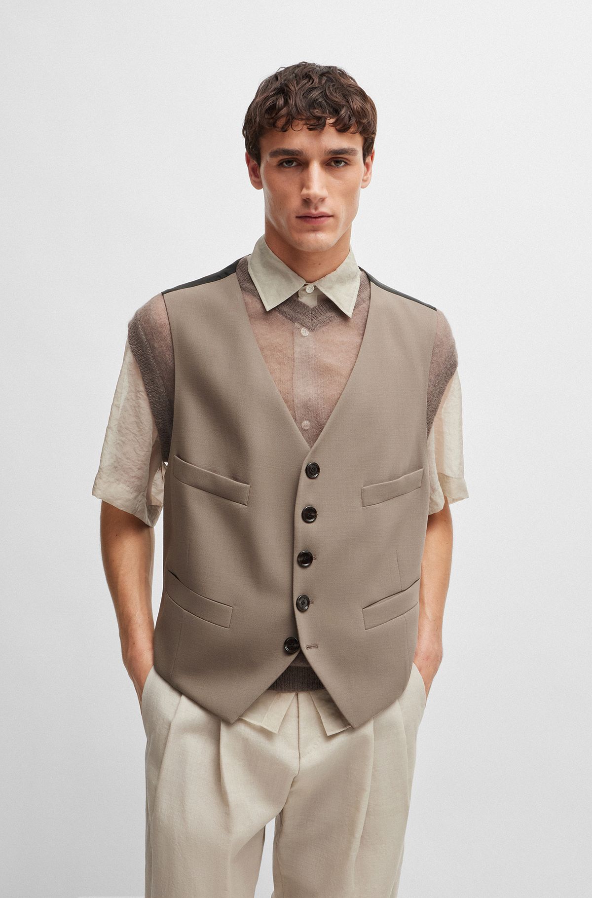 Five-button waistcoat in stretch wool and adjustable strap, Beige