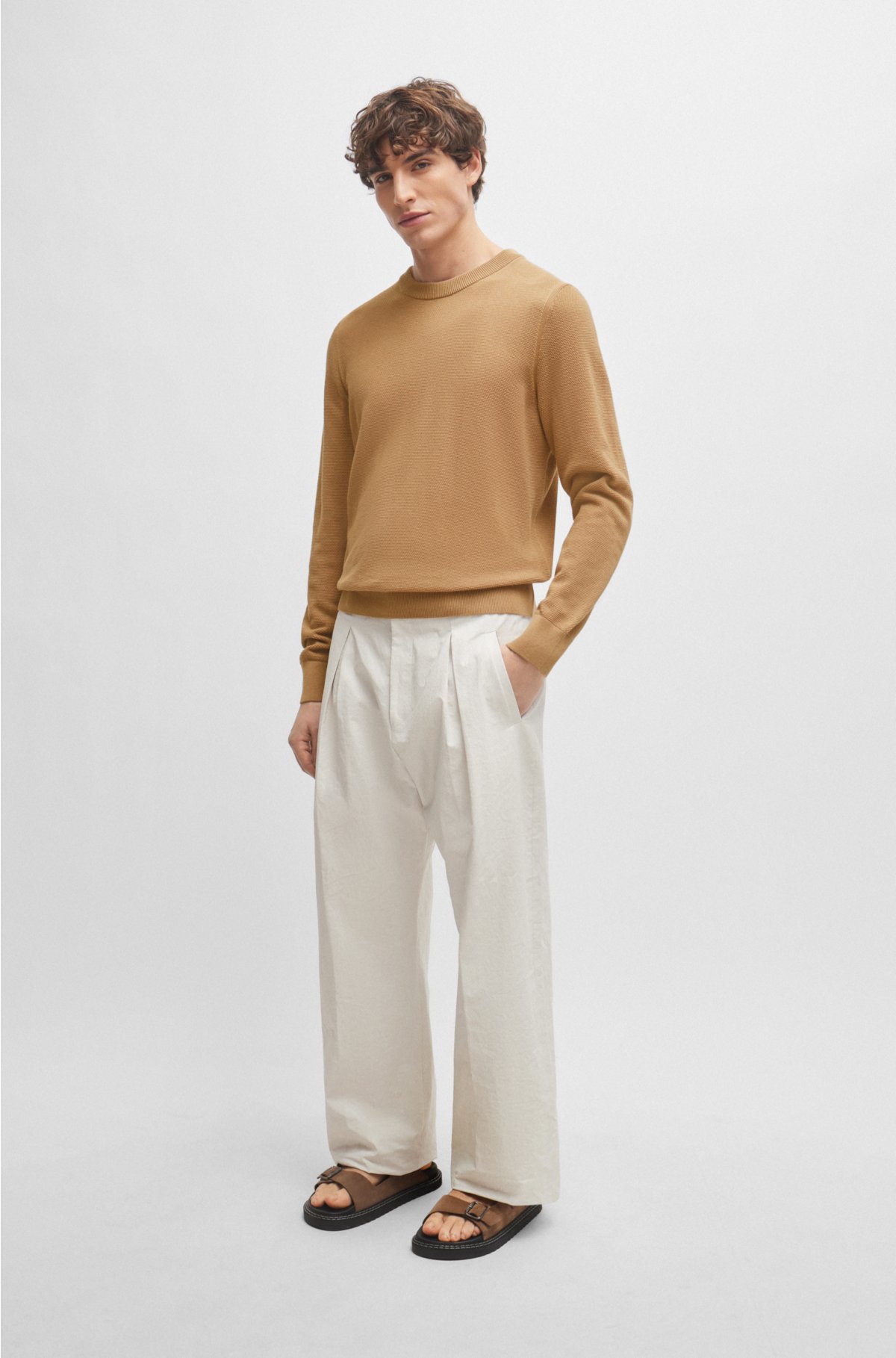 Formal trousers with front pleats in fluid material, White