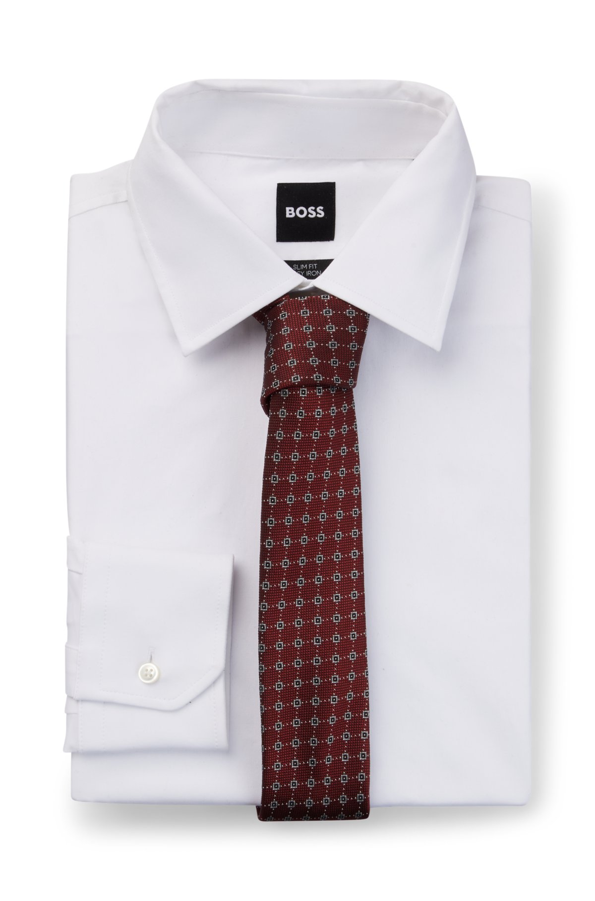 Silk-blend tie with jacquard-woven pattern, Dark Red