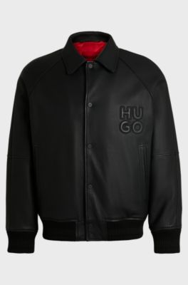 Relaxed-fit nappa-leather bomber jacket with stacked logos, Black