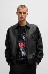 Relaxed-fit nappa-leather bomber jacket with stacked logos, Black