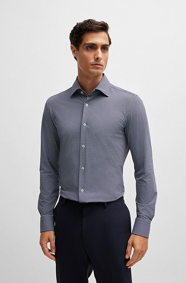 Slim-fit shirt in geometric-print performance-stretch material, Dark Blue