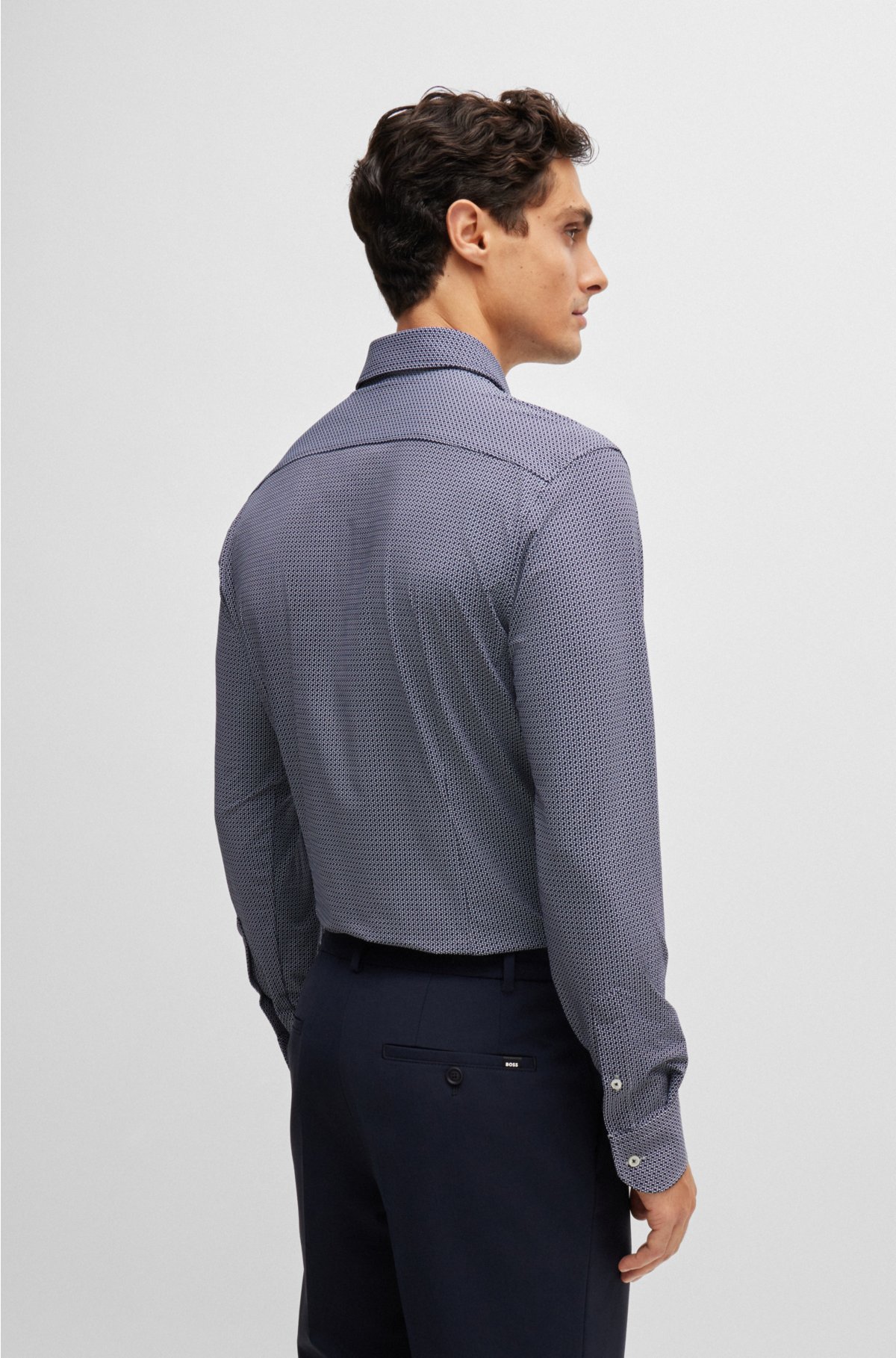 Slim-fit shirt in geometric-print performance-stretch material, Dark Blue