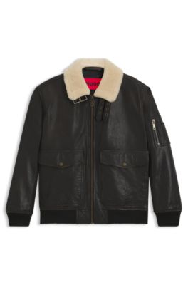 Leather aviator jacket with faux-fur collar, Dark Brown