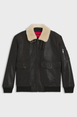 Blouson aviateur en cuir &agrave; col en fourrure synth&eacute;tique, Marron fonc&eacute;