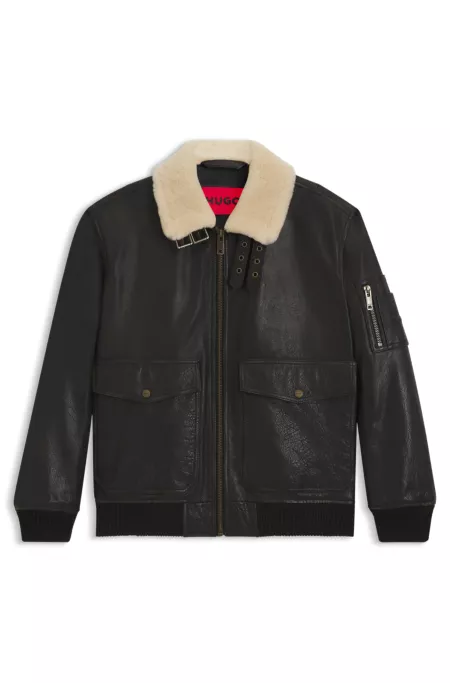 Blouson aviateur en cuir à col en fourrure synthétique