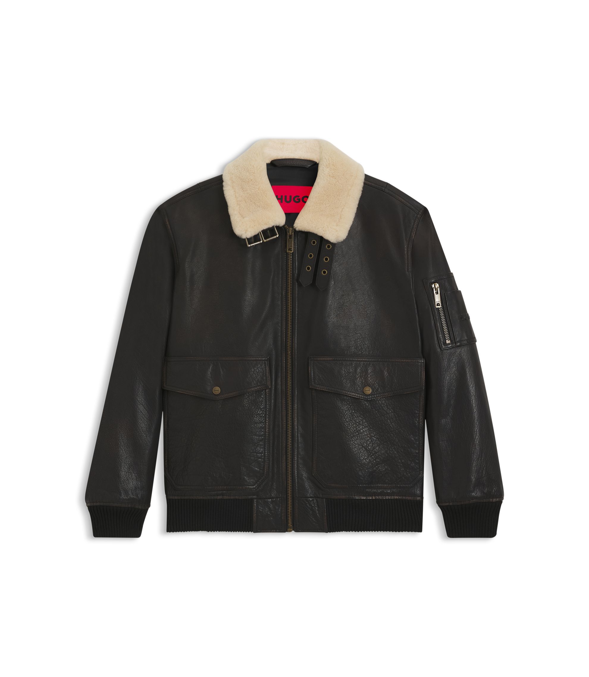 HUGO - レザー アビエータージャケット フェイクファーカラー - ダーク