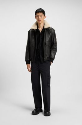 Leather aviator jacket with faux-fur collar, Dark Brown