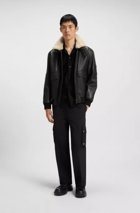 Leather aviator jacket with faux-fur collar