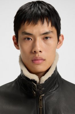Blouson aviateur en cuir &agrave; col en fourrure synth&eacute;tique, Marron fonc&eacute;