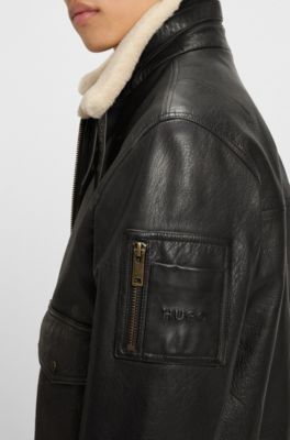 Giubbotto in pelle stile aviatore con collo in pelliccia sintetica, Marrone scuro