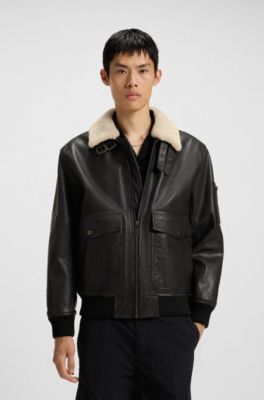 Leather aviator jacket with faux-fur collar, Dark Brown