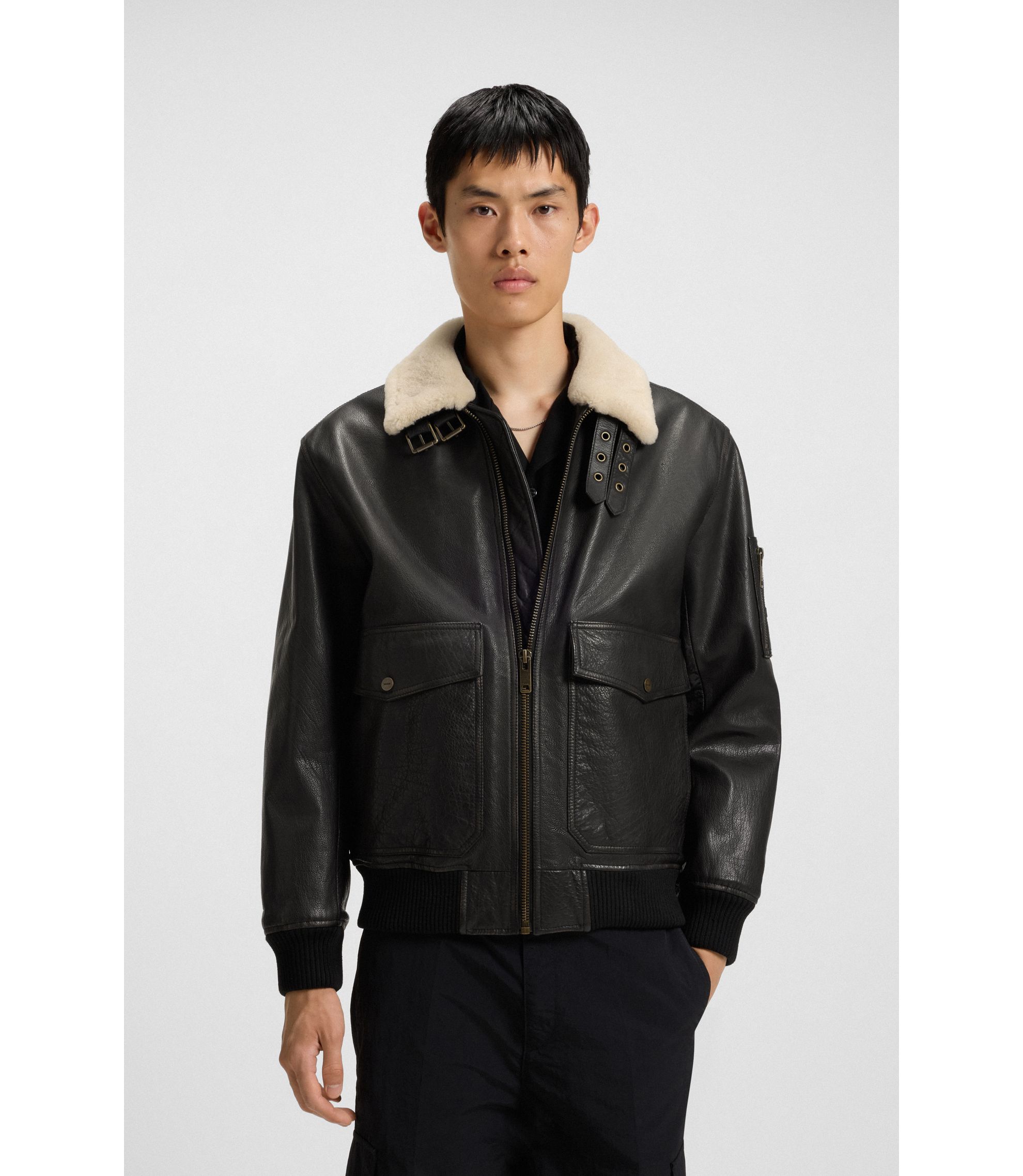 HUGO - Leather aviator jacket with faux-fur collar - Dark Brown