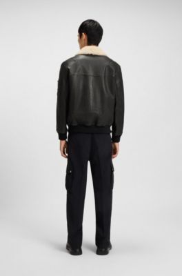 Blouson aviateur en cuir &agrave; col en fourrure synth&eacute;tique, Marron fonc&eacute;