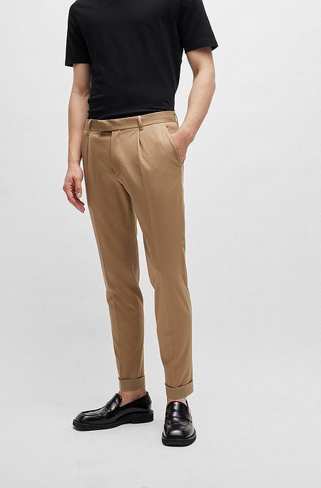 Relaxed-fit trousers in stretch fabric with pleat front, Beige