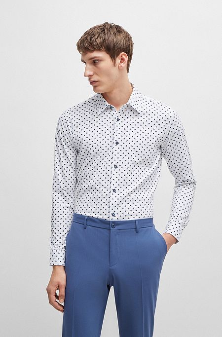 Slim-fit shirt in printed cotton-blend jersey, White