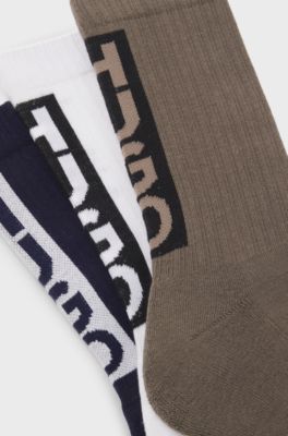 Three-pack of short socks with vertical logos, White / Blue / Grey