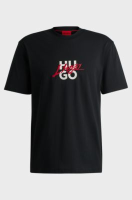 Cotton-jersey relaxed-fit T-shirt with double logo, Black