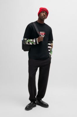 Cotton-jersey relaxed-fit T-shirt with double logo, Black