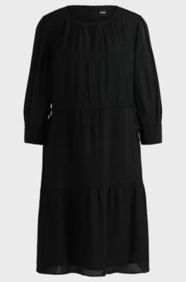Long-sleeved dress in fil-coup&eacute; fabric, Black