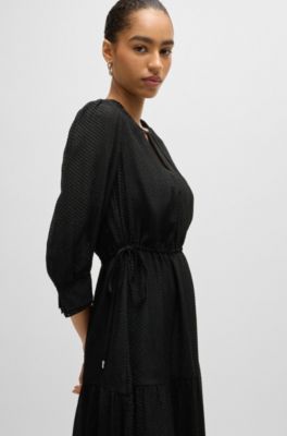 Long-sleeved dress in fil-coup&eacute; fabric, Black
