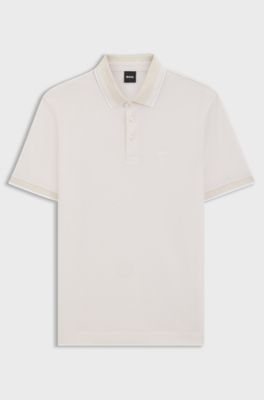 Oxford-piqu&eacute; polo shirt with stripe trims, Natural