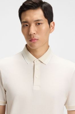 Oxford-piqu&eacute; polo shirt with stripe trims, White