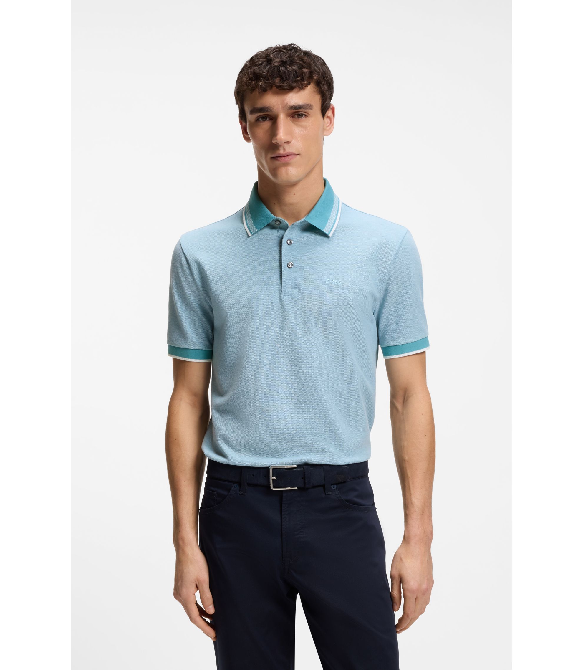 BOSS - Oxford-piqué polo shirt with stripe trims - Light Blue