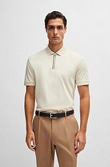 Mercerised-cotton slim-fit polo shirt with zip placket, Natural