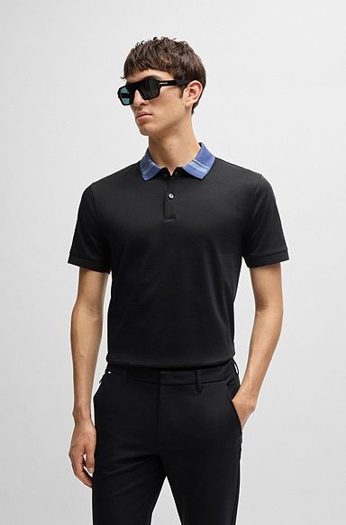 Mercerised-cotton slim-fit polo shirt with collar stripes, Black