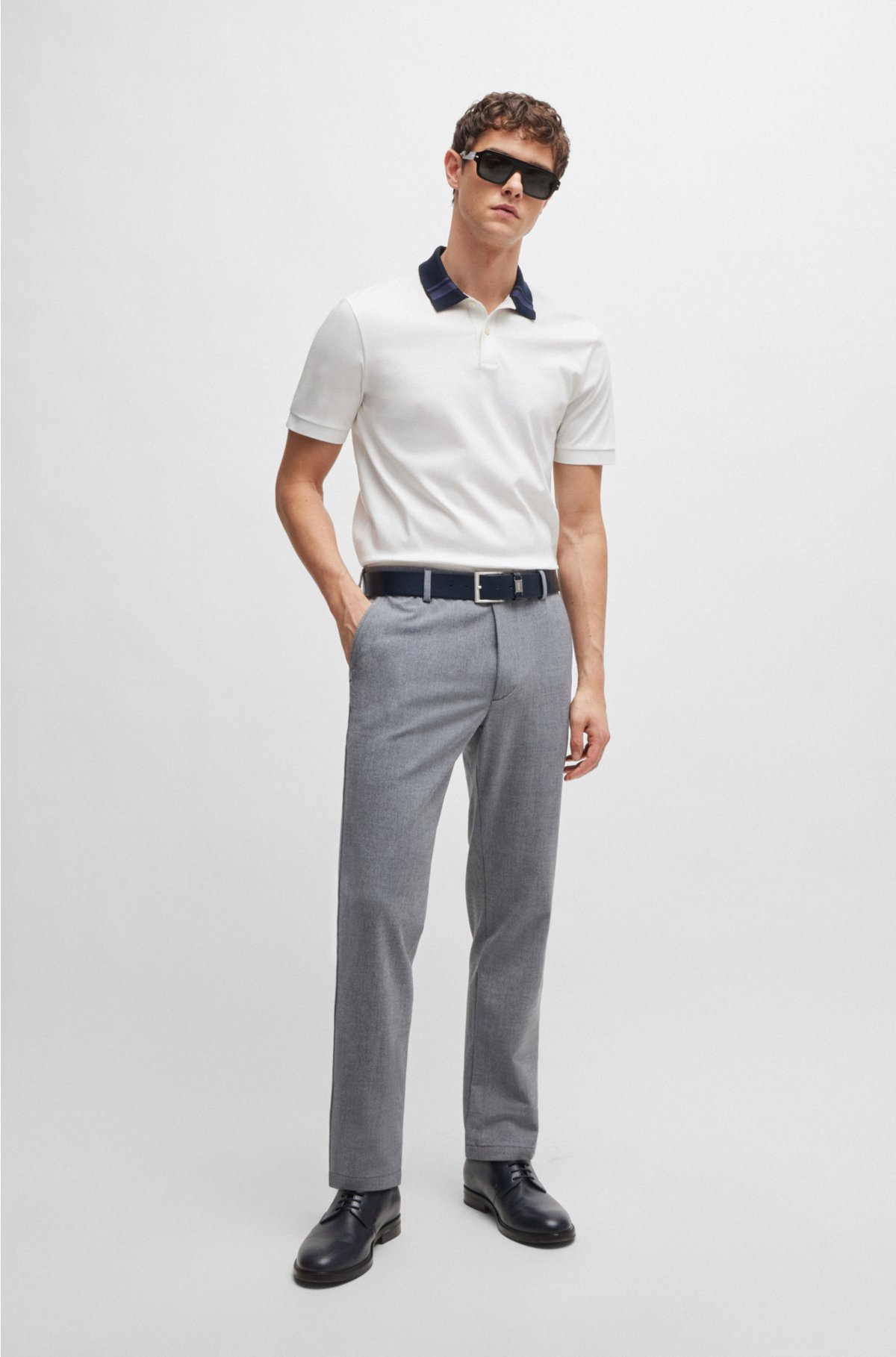 Mercerised-cotton slim-fit polo shirt with collar stripes, White