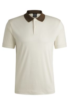 Mercerised-cotton slim-fit polo shirt with collar stripes, Natural