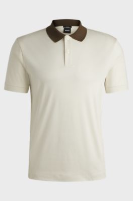 Mercerised-cotton slim-fit polo shirt with collar stripes, Natural