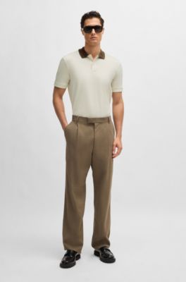 Mercerised-cotton slim-fit polo shirt with collar stripes, Natural