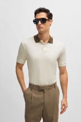 Mercerised-cotton slim-fit polo shirt with collar stripes, Natural