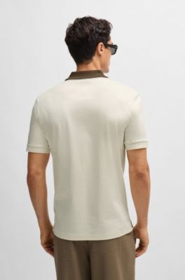Mercerised-cotton slim-fit polo shirt with collar stripes, Natural